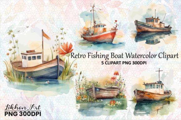 Download Retro Fishing Boat Watercolor Clipart - Fishing boat Collection