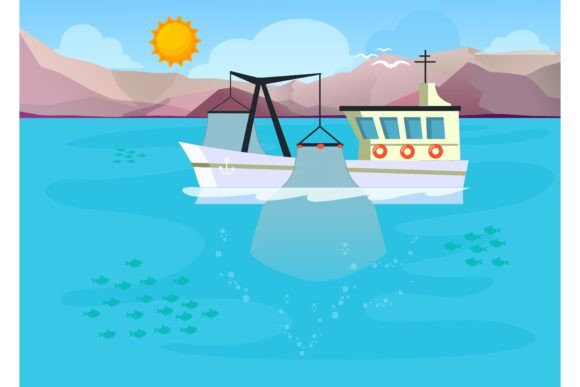Download Cartoon Fishing Boat with Lowered Fishin - Fishing boat Collection